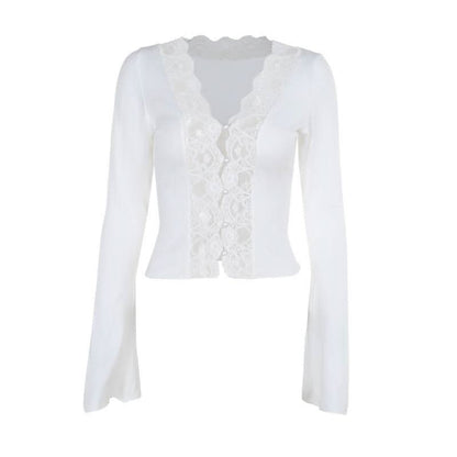 Long sleeve v neck lace hem button top  | Festival Outfits Women