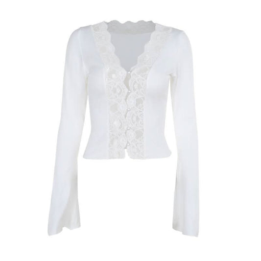 Long sleeve v neck lace hem button top  | Festival Outfits Women