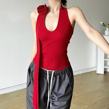 Halter backless flower applique solid top  | Festival Outfits Women