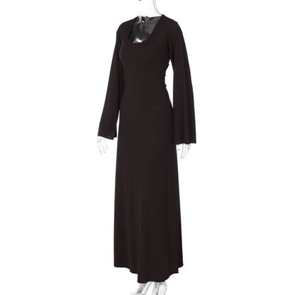 Long sleeve u neck ribbed solid maxi dress  | Festival Outfits Women