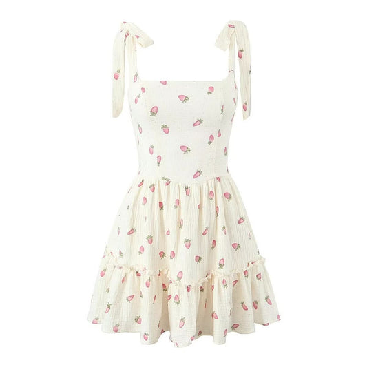 Square neck strawberry print lace up cami mini dress  | Festival Outfits Women