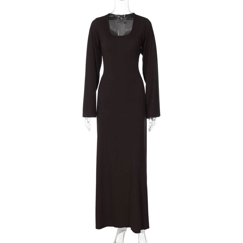 Long sleeve u neck ribbed solid maxi dress  | Festival Outfits Women