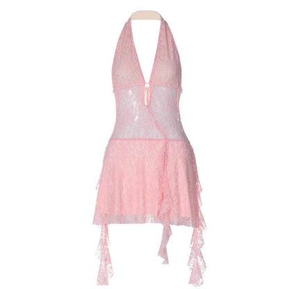 Halter v neck backless lace self tie hollow out cut out mini dress