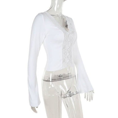 Long sleeve v neck lace hem button top  | Festival Outfits Women