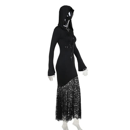 Long sleeve hoodie lace hem cross pattern maxi dress  | Festival Outfits Women