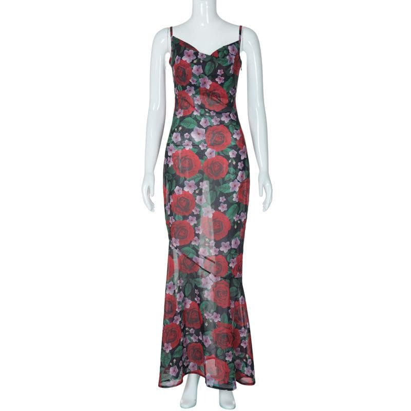 Cowl neck flower print zip-up contrast backless cami maxi dress  | Festival Outfits Women