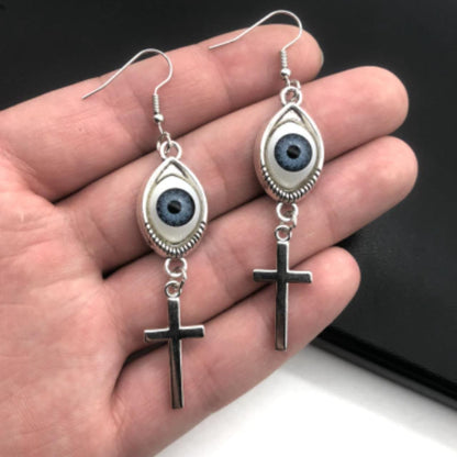 Blue eyes decor cross pendant drop earrings  | Festival Outfits Women