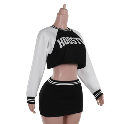 Long sleeve crewneck letter pattern crop mini skirt set  | Festival Outfits Women