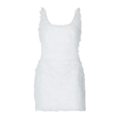 U neck fluffy zip-up backless cami mini dress  | Festival Outfits Women