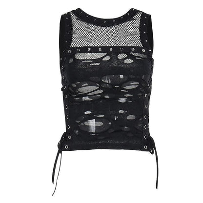 Crewneck fishnet buckle hollow out lace up tank cut out top  | Festival Outfits Women