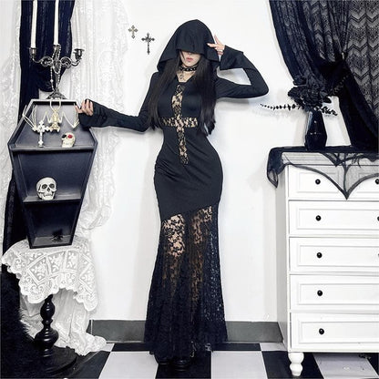 Long sleeve hoodie lace hem cross pattern maxi dress  | Festival Outfits Women