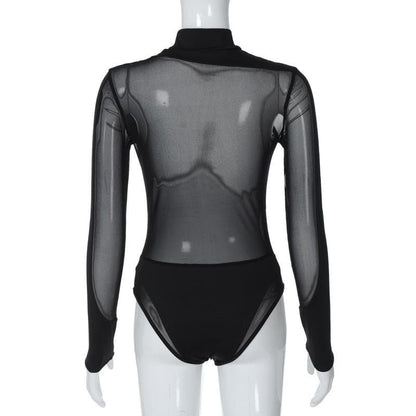 Long sleeve high neck mesh patchwork irregular bodysuit  | Festival Outfits Women