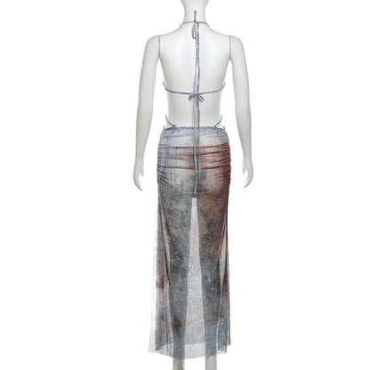 Halter self tie deep V neck sheer mesh shell applique maxi dress  | Festival Outfits Women