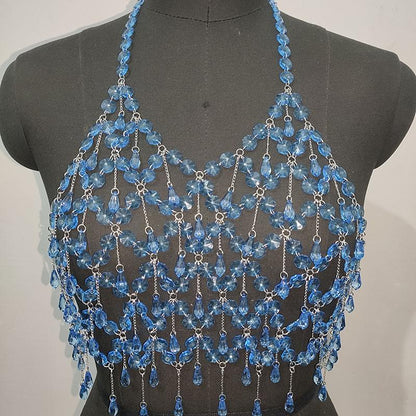 Metal chain plastic crystal halter backless crop top  | Festival Outfits Women