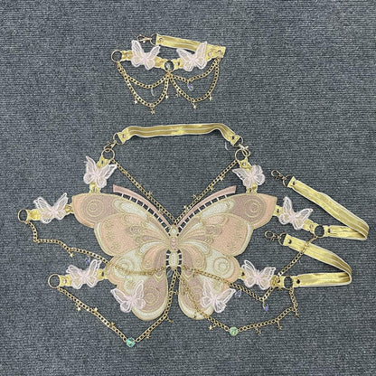 Butterfly embroidery metal chain halter top with choker  | Festival Outfits Women