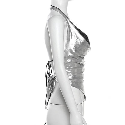 Halter metallic glitter cowl neck ruched 2 piece top  | Festival Outfits Women