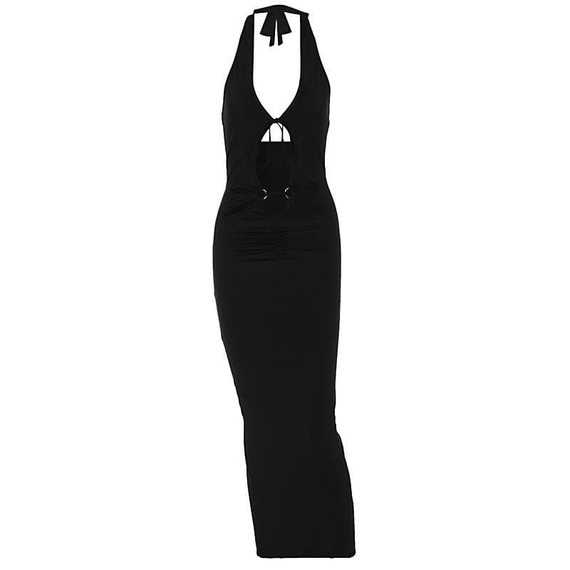Halter hollow out backless v neck slit cut out midi dress  | Festival Outfits Women