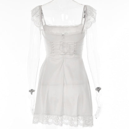Lace hem solid cap sleeve zip-up ruched lace up mini dress