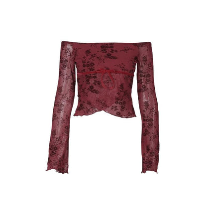 Flared sleeve off shoulder flower pattern top  | Festival Outfits Women
