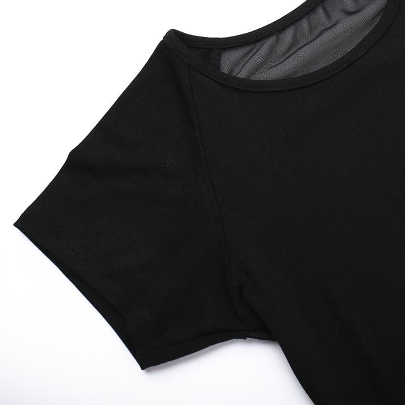 Short sleeve round neck print mesh top  | Festival Outfits Women