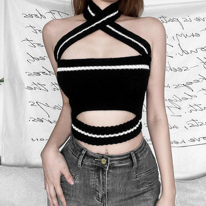 Knitted cross front halter contrast backless hollow out crop cut out top