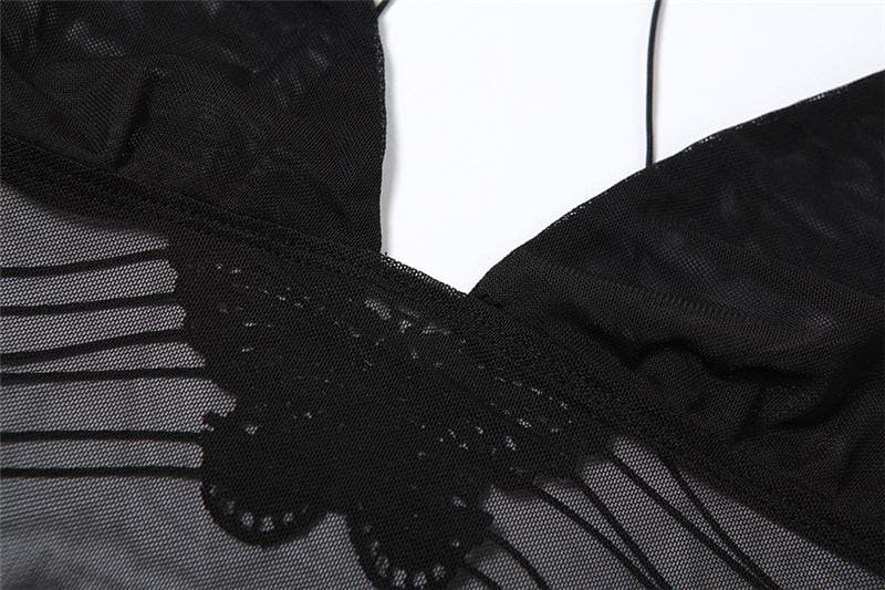 Sheer mesh butterfly applique see through backless solid top  | Festival Outfits Women