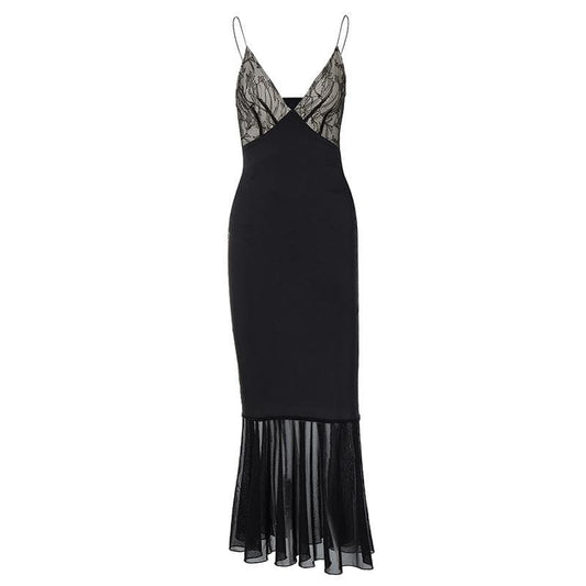 Lace patchwork contrast ruched v neck backless midi dress  | Festival Outfits Women