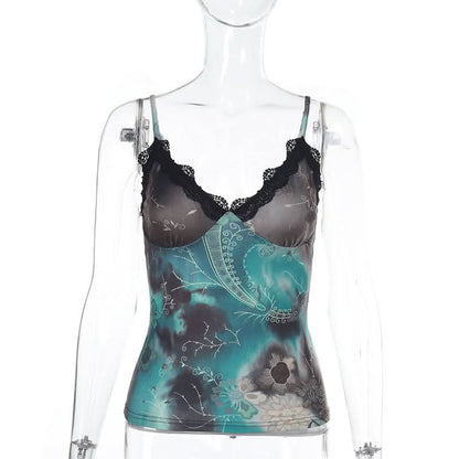 V neck lace hem contrast cami top  | Festival Outfits Women