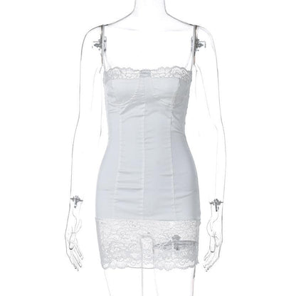 Lace patchwork stitch zip-up backless cami mini dress  | Festival Outfits Women