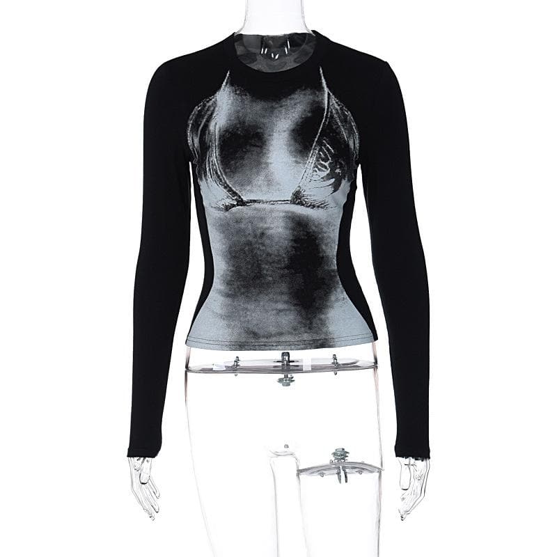 Long sleeve contrast body print crewneck top  | Festival Outfits Women