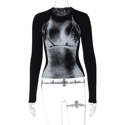 Long sleeve contrast body print crewneck top  | Festival Outfits Women