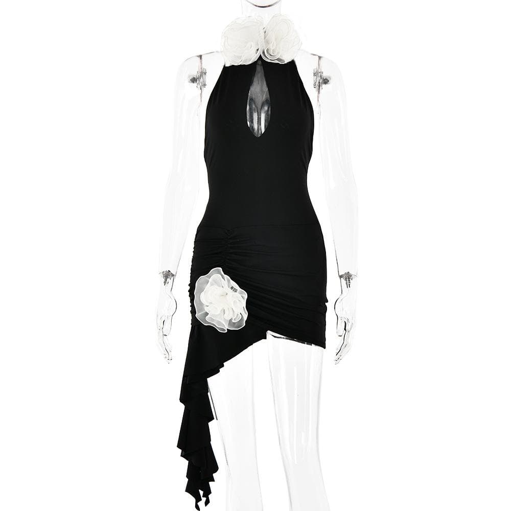Halter ruched flower applique ruffle mini dress  | Festival Outfits Women