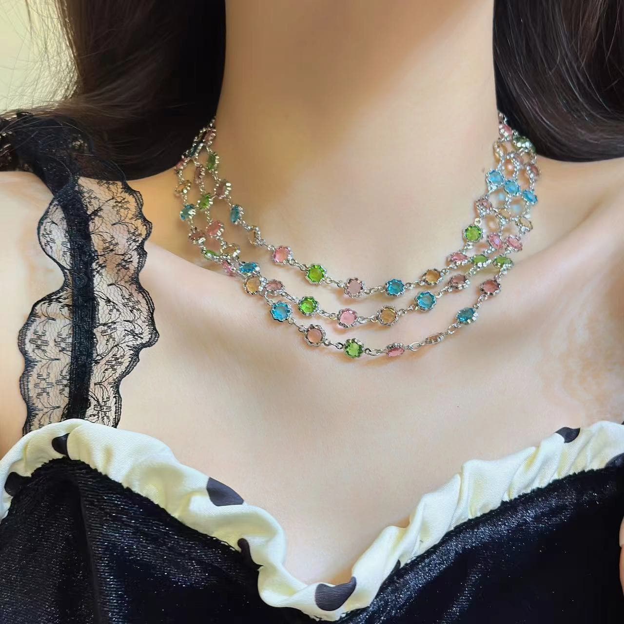 Multicolor layered crystal beaded necklace  | Festival Outfits Women