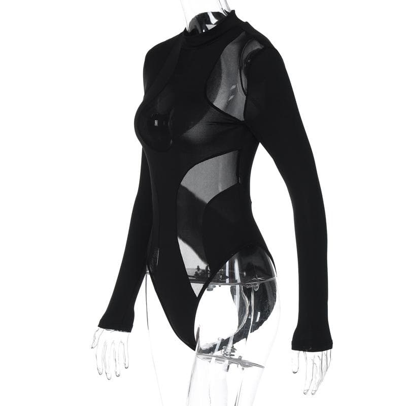 Long sleeve crewneck mesh patchwork bodysuit  | Festival Outfits Women