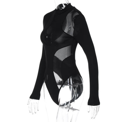 Long sleeve crewneck mesh patchwork bodysuit  | Festival Outfits Women