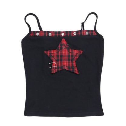Square neck hollow out star print plaid cami cut out top  | Festival Outfits Women