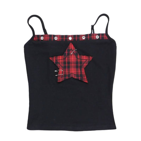 Square neck hollow out star print plaid cami cut out top  | Festival Outfits Women