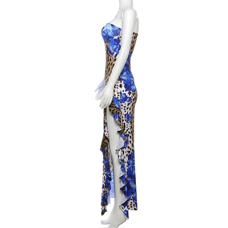 Leopard print contrast ruffle high slit tube maxi dress  | Festival Outfits Women