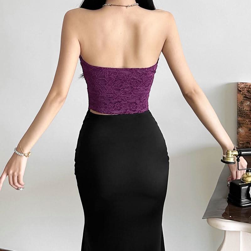 Lace hem slit backless solid tube top  | Festival Outfits Women