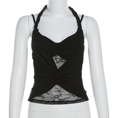 Halter ruched lace patchwork v neck cami top  | Festival Outfits Women