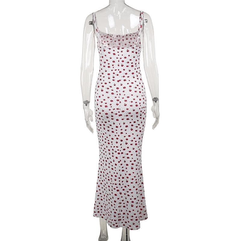 Bowknot ribbon stitch flower print polka dot cami maxi dress  | Festival Outfits Women