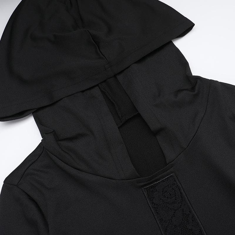 Long sleeve hoodie lace hem cross pattern maxi dress  | Festival Outfits Women