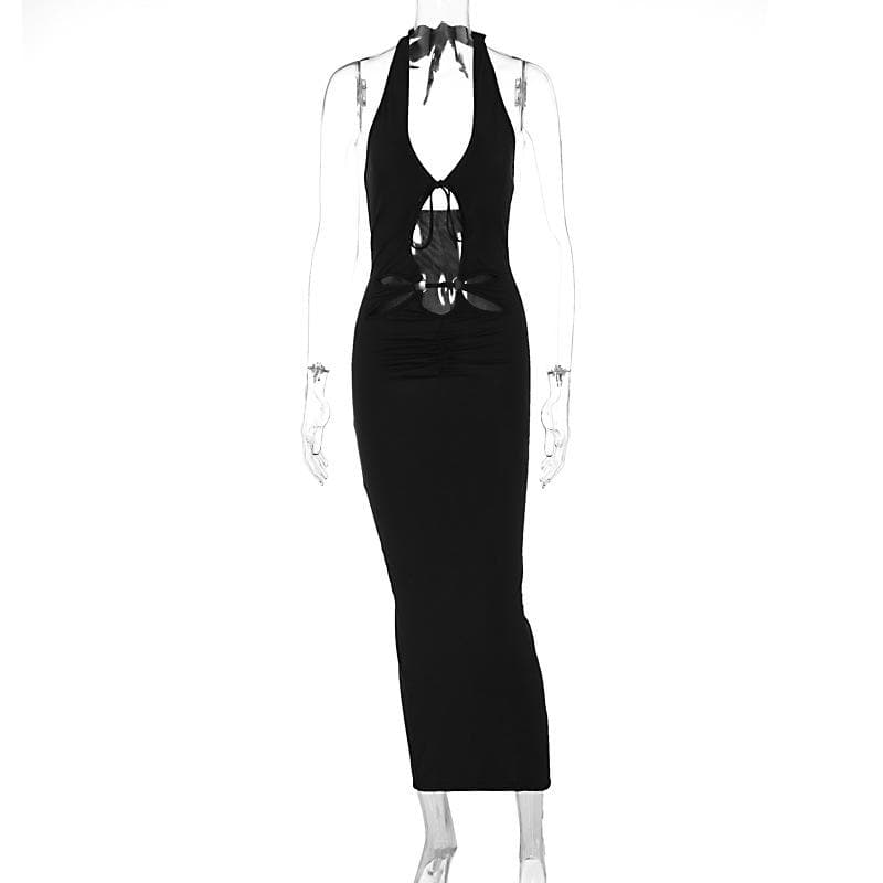 Halter hollow out backless v neck slit cut out midi dress  | Festival Outfits Women