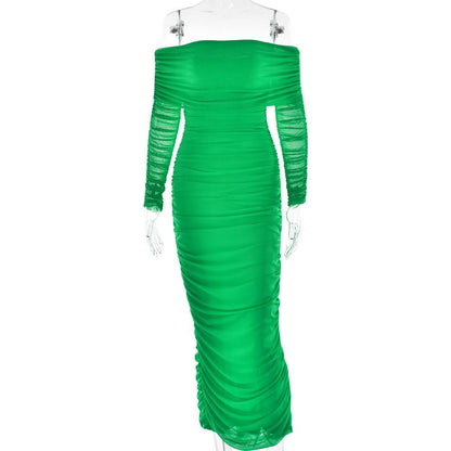 Off shoulder long sleeve slit mesh ruched maxi dress  | Festival Outfits Women