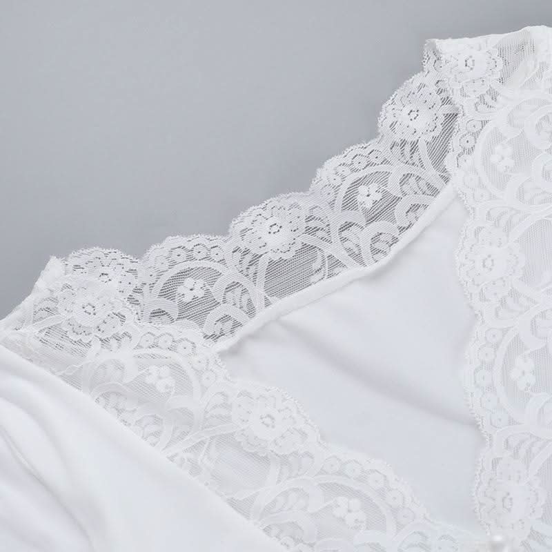 Long sleeve v neck lace hem button top  | Festival Outfits Women