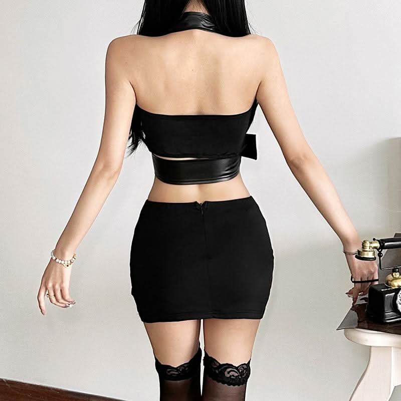 Halter lace hem PU leather 2 piece ruched top  | Festival Outfits Women