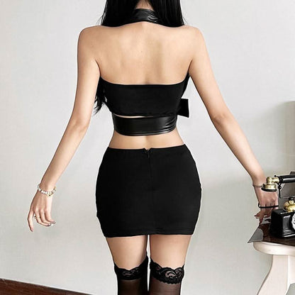 Halter lace hem PU leather 2 piece ruched top  | Festival Outfits Women