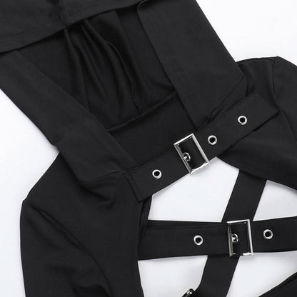 Hoodie long sleeve buckle cross back crop top  | Festival Outfits Women