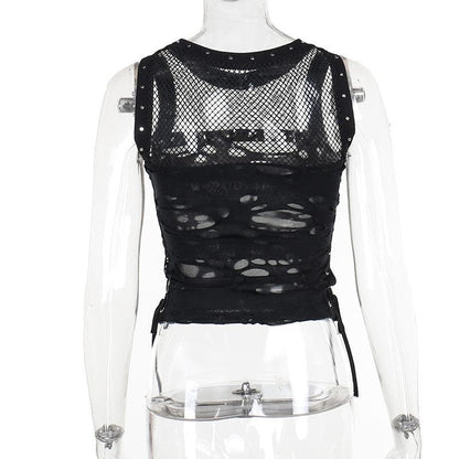 Crewneck fishnet buckle hollow out lace up tank cut out top  | Festival Outfits Women