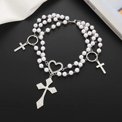 O ring faux pearl layered cross pendant choker necklace  | Festival Outfits Women